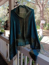 Turquoise And Gold Pattern Pashmina Shawl Oversize Wrap