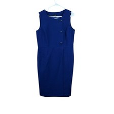 Talbots 14 Blue Poly Wool Side Big Buttons Sleeveless Sheath Faux Wrap Dress NWT