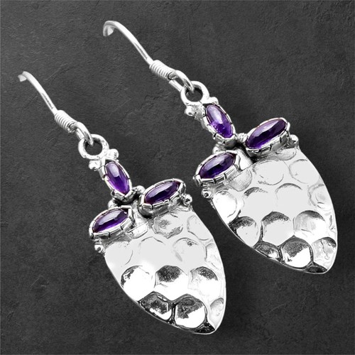 Natural Amethyst - Brazil 925 Sterling Silver Earrings Jewelry - Picture 2 of 5