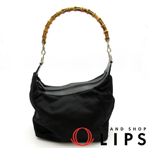 Gucci Bamboo Handbag Nylon/Leather Black 7.8in Strap B Rank