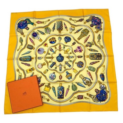  HERMES Silk Scarf Carré 90  Quimporte Le Flacon  Perfume Bottle Yellow with Box