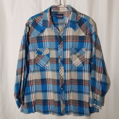 Wrangler Western Flannel Pearl Snap Shirt Men's 2XL Big Man Blue Plaid