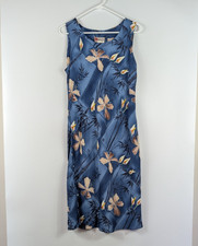 VTG Hilo Hattie Floral Hawaiian Dress Blue White Hibiscus Tropical Medium Rayon