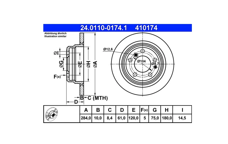 BMW E28 E24 Rear Brake Disc 284x10 ATE 24.0110-0174.1 oem 34211162968 - Image 2 of 4