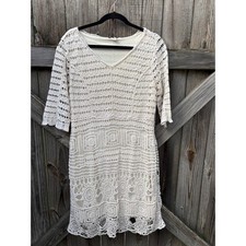 Est. 1946 Womens Ivory Crochet Lace V-Neck Sheath Dress Boho L Cream