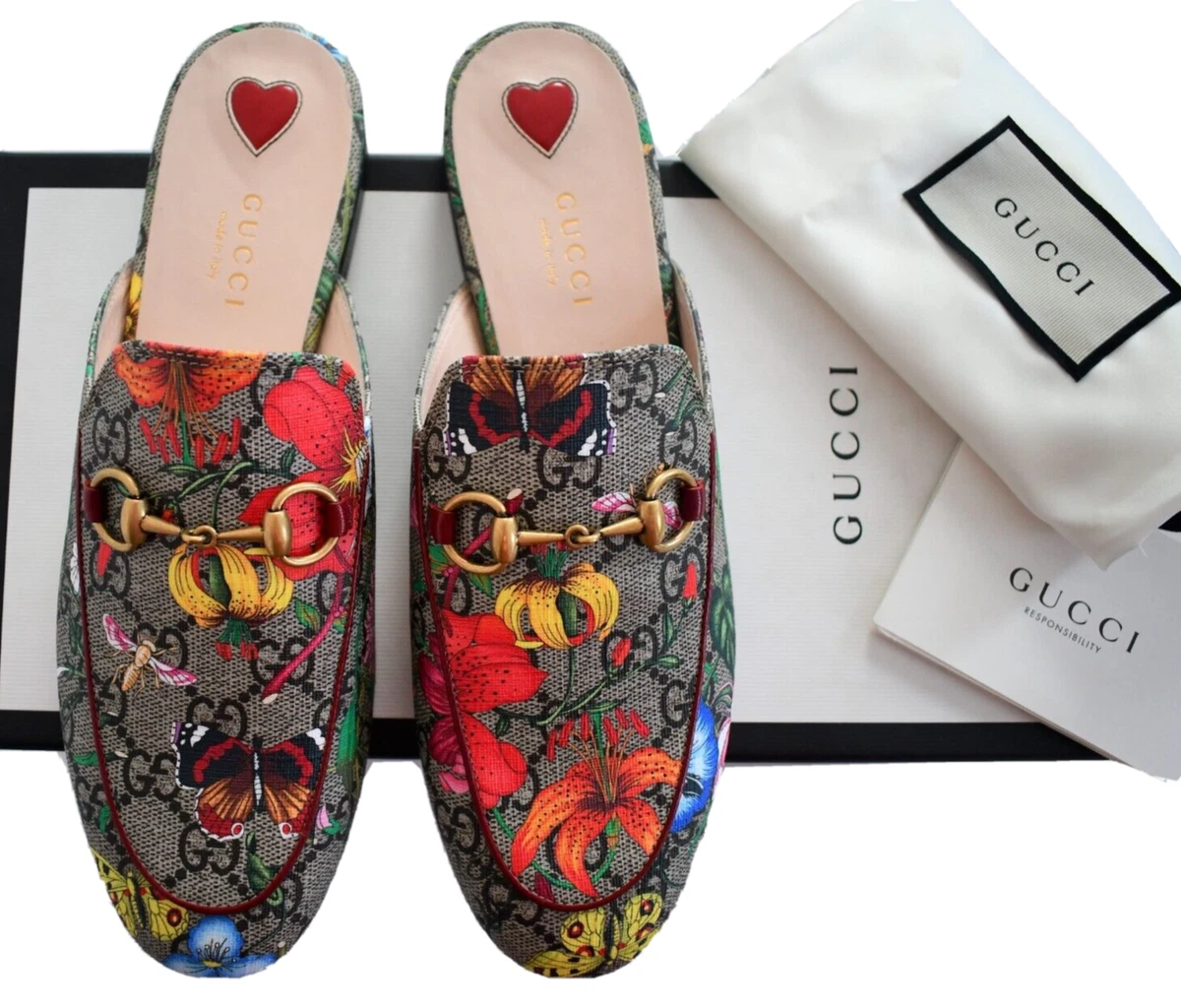 GUCCI PRINCETOWN FLORAL BUTTERFLY Print HORSEBIT Slippers