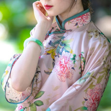 Vintage Satin Pink Printed Large Sleeve Cheongsam Women Chinese Style QipaoParty