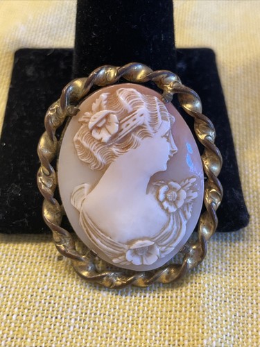 Cameo Hand Carved Shell Old Piece Vintage Gold Brooch Pin Gold Trim 1.5” - Picture 7 of 10