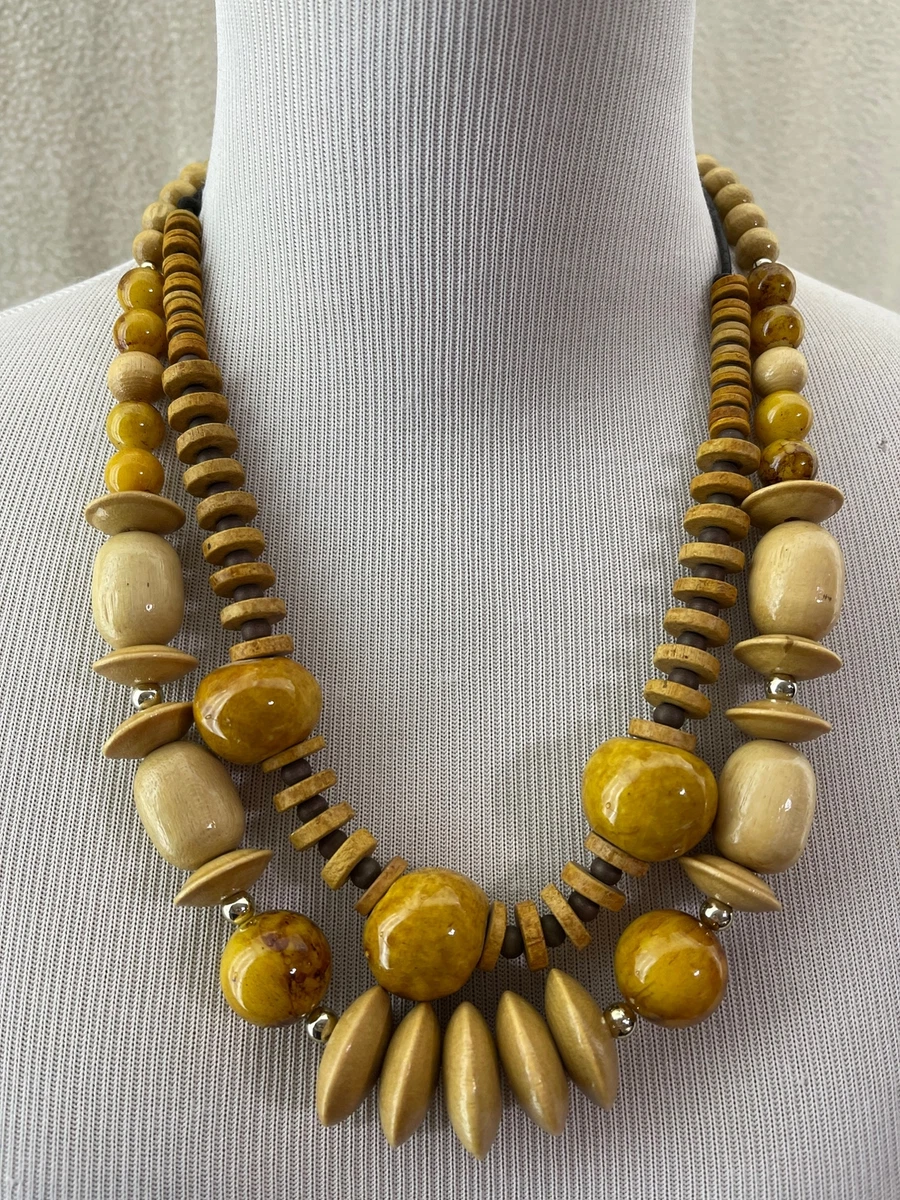 Vintage Big Yellow Clay Beads & Natural Wooden Big Beaded Necklace - Set of  Two