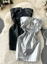 Strapless Sexy Dress Sleeveless Bodycon Hollow Out Evening PU Leather Dress