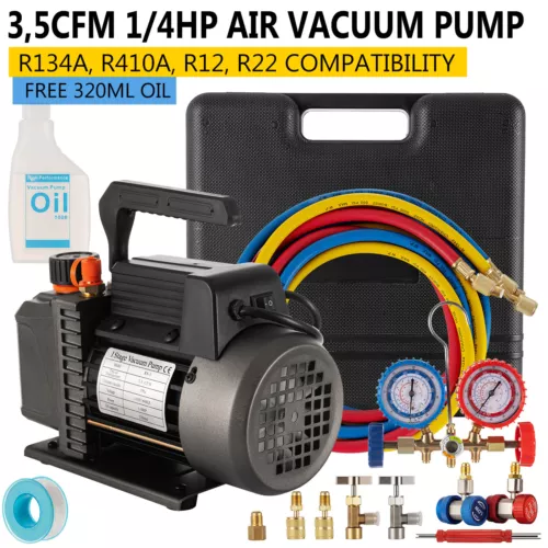 3,5CFM 1/4HP Air Vacuum Pump HVAC &R134A R410a R22 Kit AC A/C Manifold Gauge Set