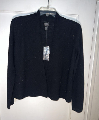 Eileen Fisher Beaded Merino Wool Crepe Black Crop Cardigan Sweater  Size PP d425