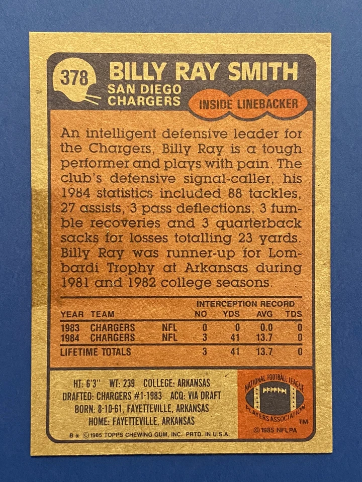 BILLY RAY SMITH Signed 1985 Topps #378 Charger Arkansas Razorback Autograph Auto - Image 2 of 2