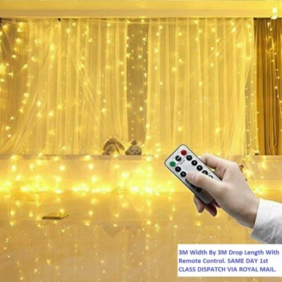 3x3M LED Rideau Fairy Lumières Corde Tenture Murale Clair Fête Noël + à Distance - Photo 1/4
