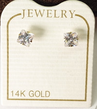 New square Cubic Zirconia 14K Gold Earrings womens mens unisex