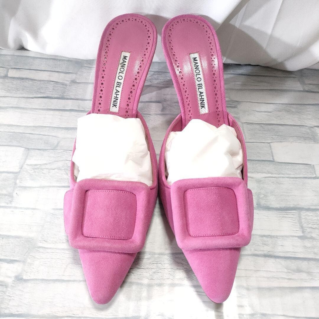 MANOLO BLAHNIK MAYSALE Pink Suede Buckle Detail Heel Mules Women's