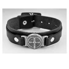 Black Leather St Benedict Adjustable Bracelet Comes with Hang Bag