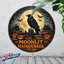 Black Cat Halloween Round Metal Tin Sign Spooky Holiday Home Decor 8x8