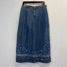 Vintage Chicos Design Boho Beaded Denim Maxi Skirt Women Size L Cottage Western