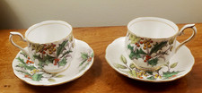 Pair Royal Albert Bone China "Holly" Tea Cups & Saucers Flower of Month 12