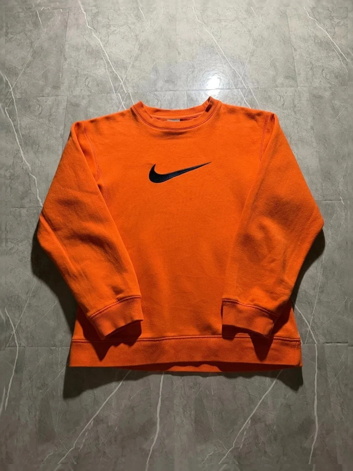 Sweat Nike Vintage Orange Flash, Gros Solo Swoosh Noir Brodé, Col Rond #LMPVT2 - Photo 1/4