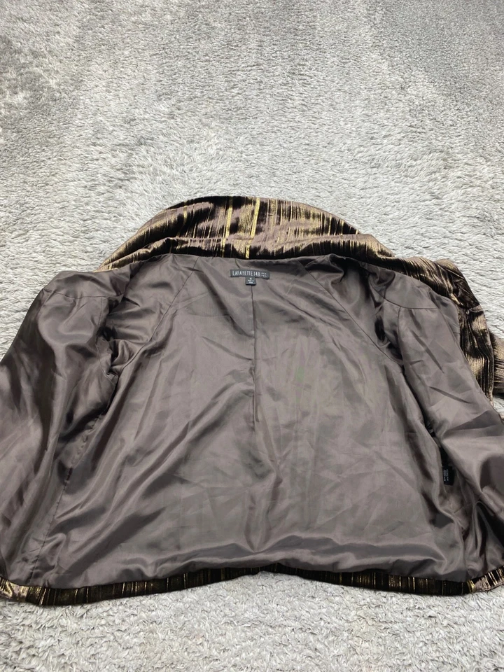 Chaqueta Lafayette 148 Mujer 10 Marrón Terciopelo Mezcla Seda Corto Chal Cuello Abrigo Foto 3 de 4