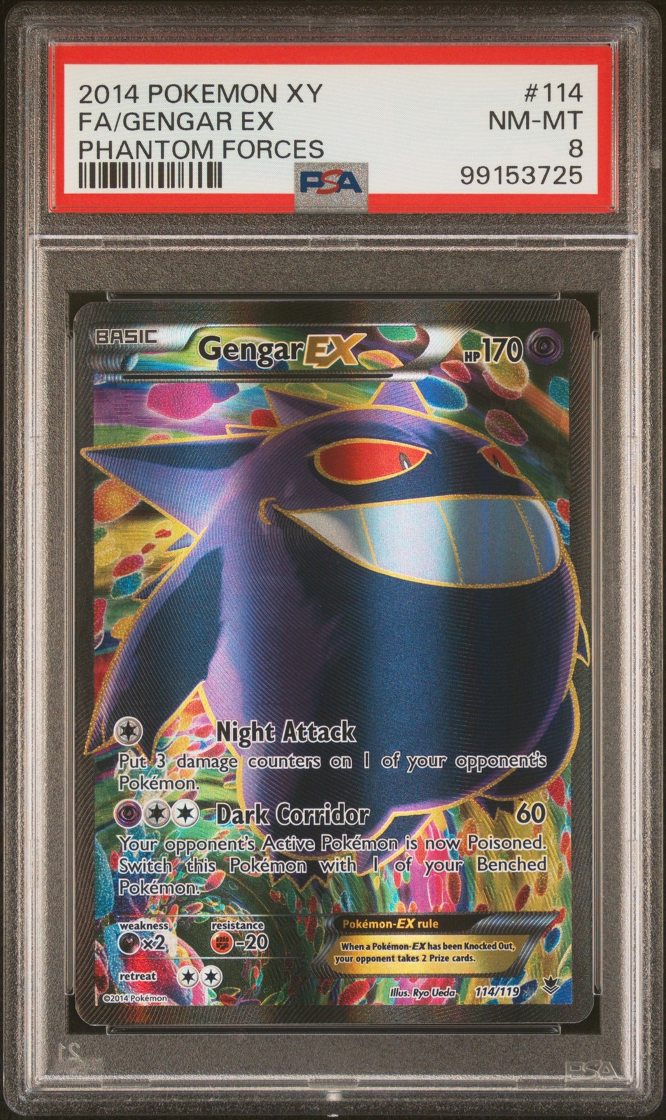 2014 POKEMON XY PHANTOM FORCES #114 FULL ART/GENGAR EX PSA 8