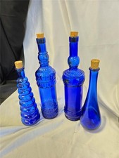 " Lot of 4 Cobalt Blue Glass Bottles With Cork Vintage 14" Tallest 11" Smallest