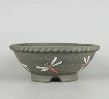 Japanese Bonsai pot ECHIZEN BUNZAN signed IROE Dragonfly Roped rim φ8.1" *1647