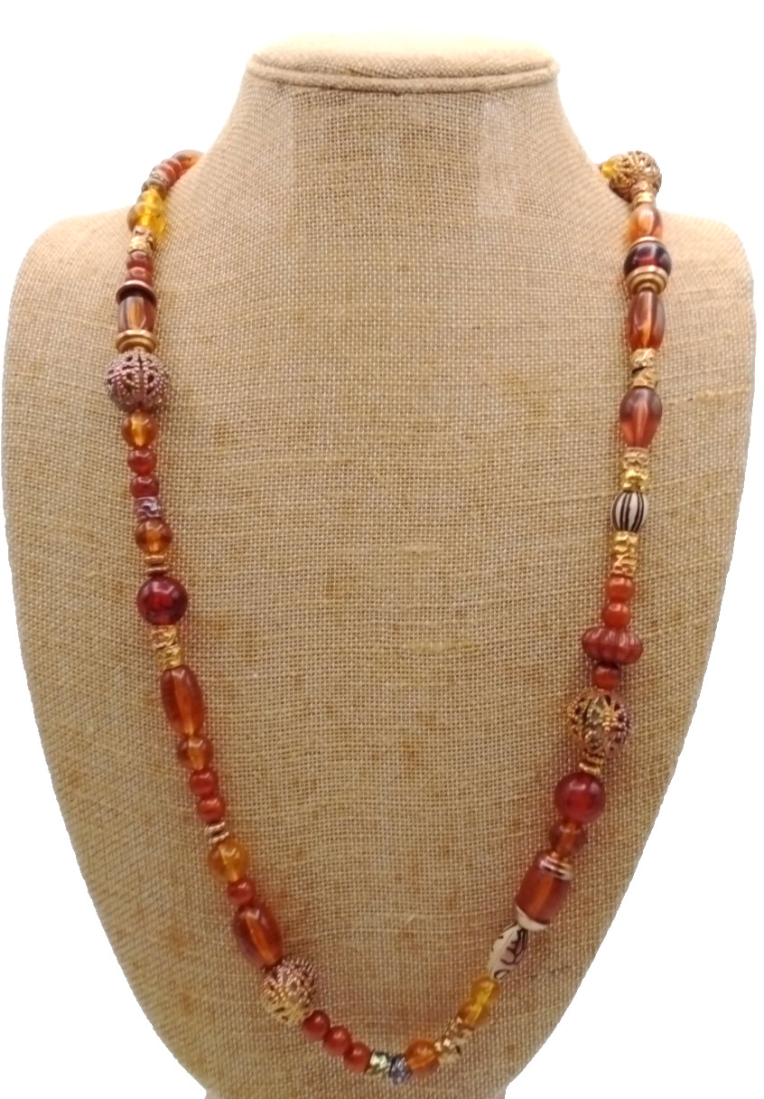 Express Beaded Statement Necklace Orange Amber Go… - image 2
