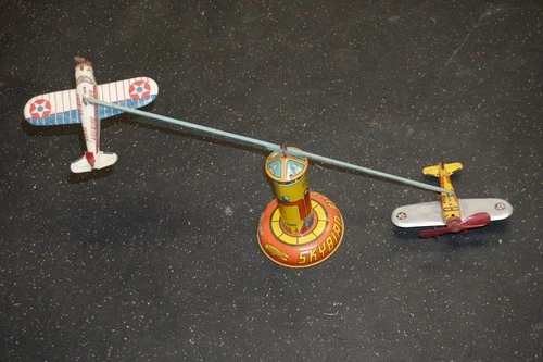 Marx Tin Litho Antique Toy Control Tower with 2 Airplanes Skybird Flyer