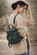 Fawn Design Mini Backpack Diaper Bag Vegan Leather Green Gold Hardware EUC 170