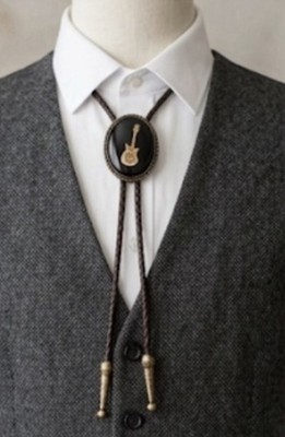 Gold Guitar Bolo Tie Black Resin Handmade Western Necktie Country Music Biko Tie