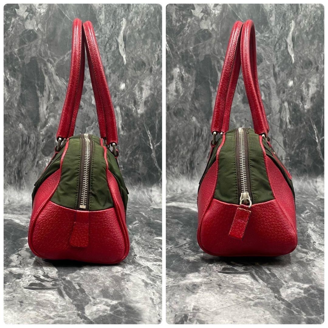 PRADA Women's Boston Bag Handbag Nylon Leather Khaki Red Used Authentic thumbnail 4