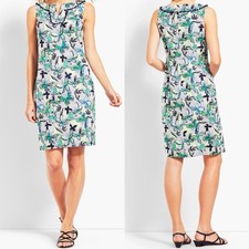 Talbots Dress Womens Size 6 White Green Butterfly Print Sleeveless Pom-Pom