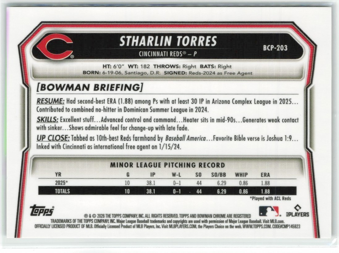 2026 Bowman Chrome Stharlin Torres #BCP-203 Black Geometric /10 Reds view 2