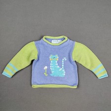 Vintage Knit Kitty Cat Sweater Baby 18 Months Purple Green Cotton Cute Roll Neck