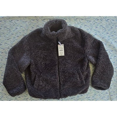 Zara Faux Fur Jacket Dark Grey High Neck Full Zip Teddy Coat XL 0993/200/054