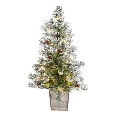 Nearly Natural 2ft Frosted Pre-Lit Green Christmas Tree w/ Pinecones in Planter