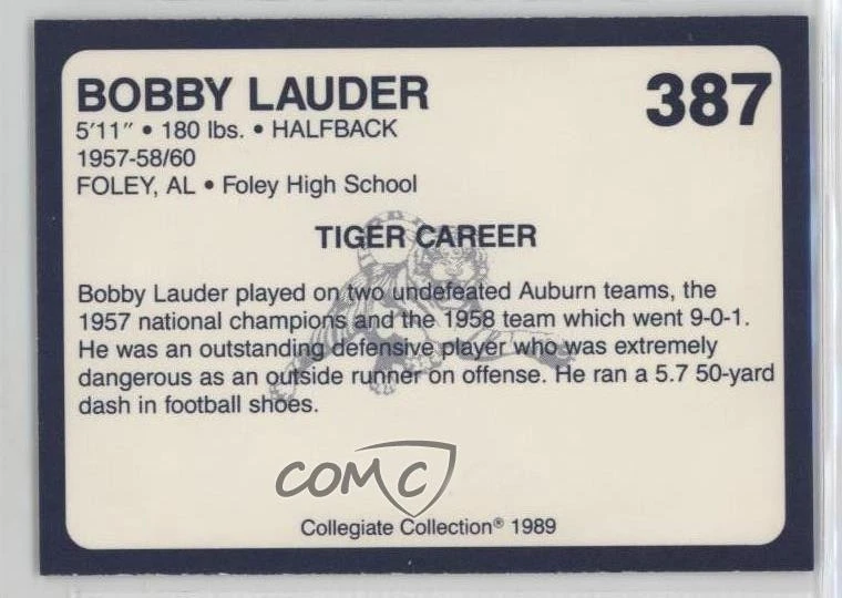 1989 Collegiate Collection Auburn Tigers Bobby Lauder #387 - Image 2 of 2