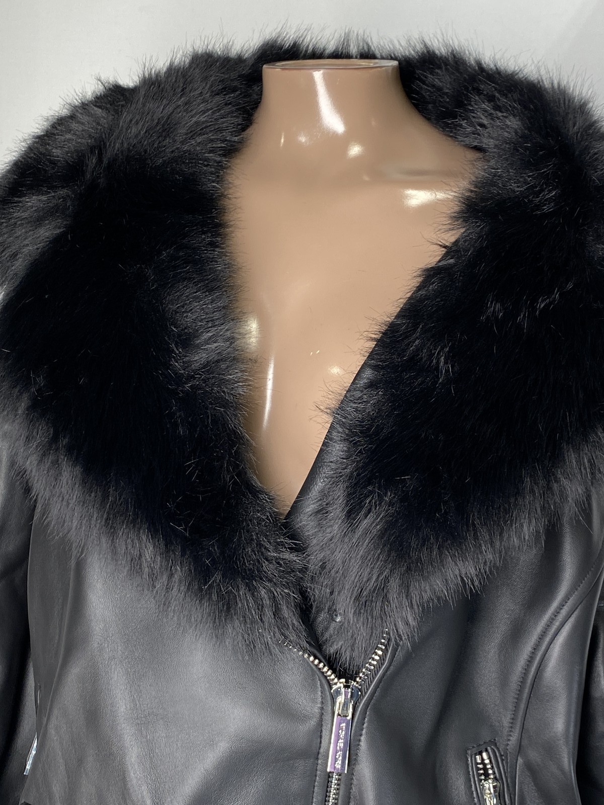Michael Kors Womens Moto Jacket Black Size 2X Leather Faux Fur Collar Motorcycle thumbnail 2
