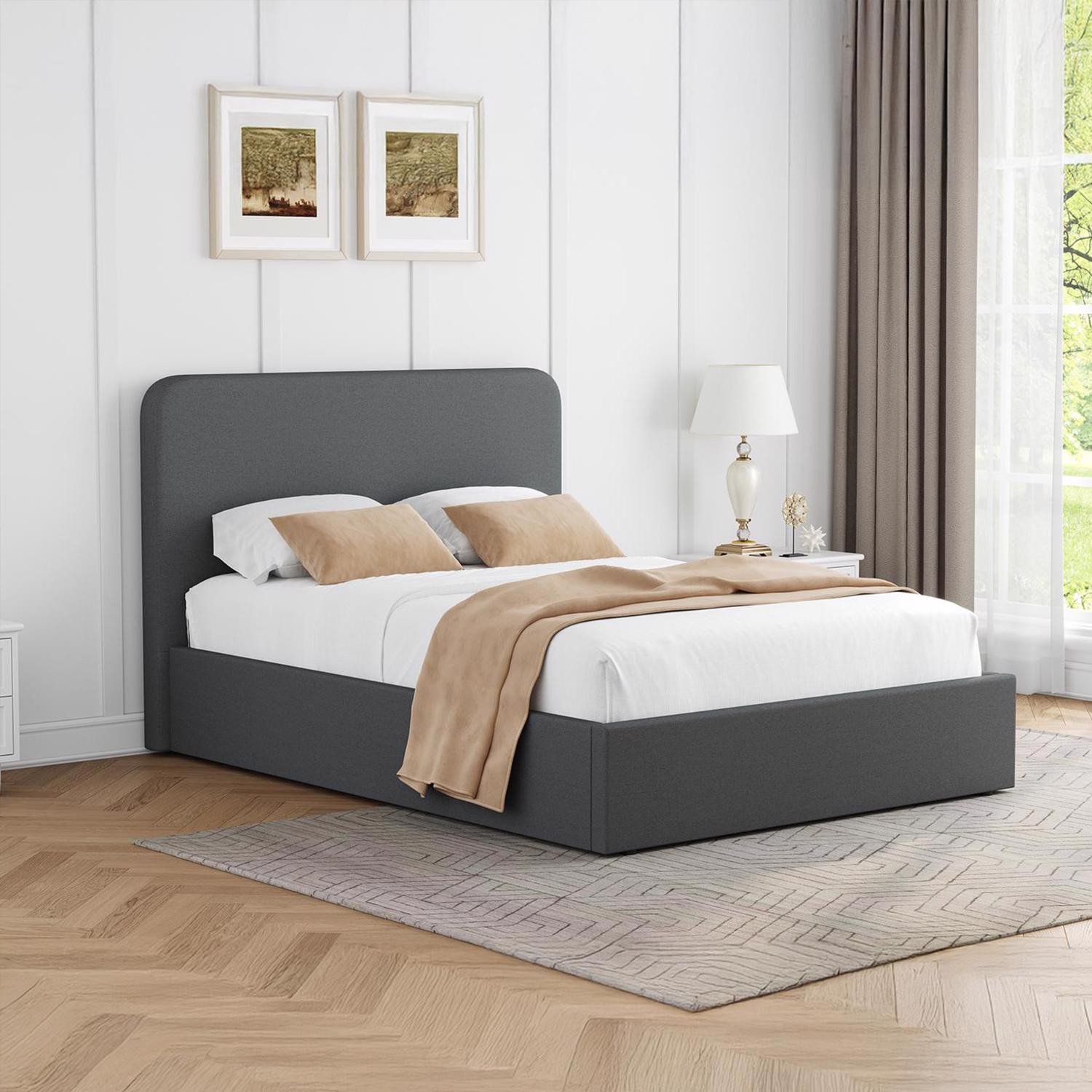 Upholstered Grey King Ottoman Bed Frame Hydraulic Gas Lift Linen Padded