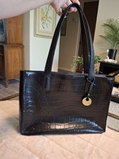 KENNETH COLE Black Leather Croc Print Large Shopper Tote Handbag 14"x11"x4"