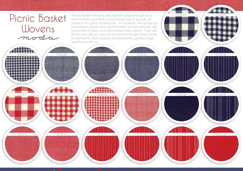 PICNIC BASKET WOVENS 20 Fat Quarters MODA Fabric Red White Blue plaid 12134AB - Image 2 of 4