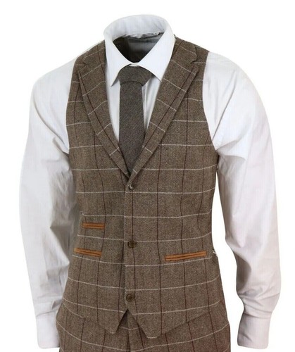 Men Brown Herringbone Suit Plaid Check Jacket Tailored Structured Sophisticated - Picture 3 of 11