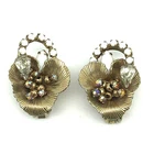 Hobe Gold Tone Milk Glass Clear AB Rhinestone Clip Earrings Vintage