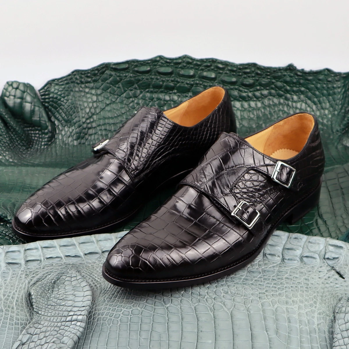 Men Shoes Crocodile Alligator Leather Double Monk Strap Slip-on