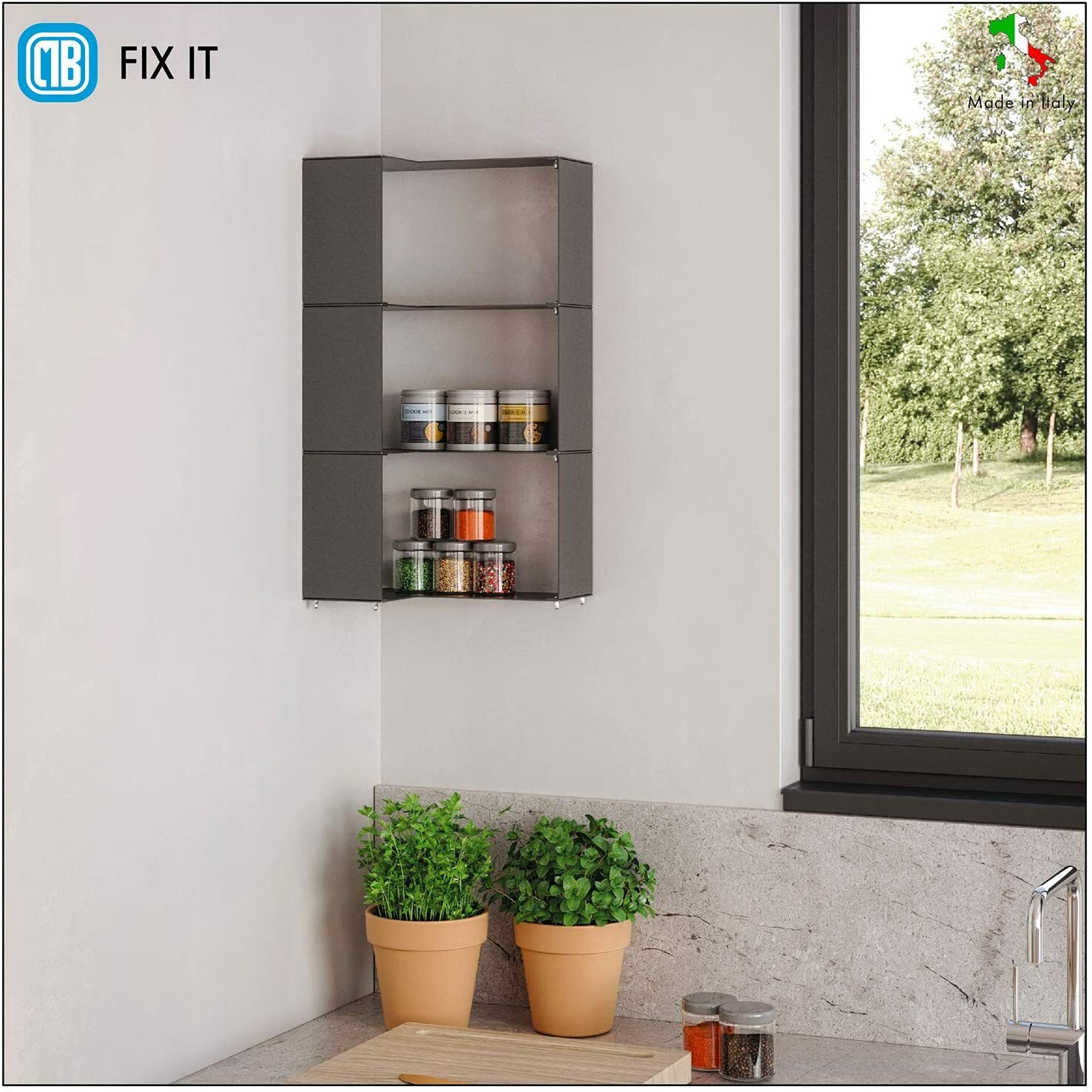 MB Mensola componibile da muro ad angolo e spigolo, made in Italy - Scaffale a parete di metallo per cucina, camera da letto, soggiorno. Colore nero