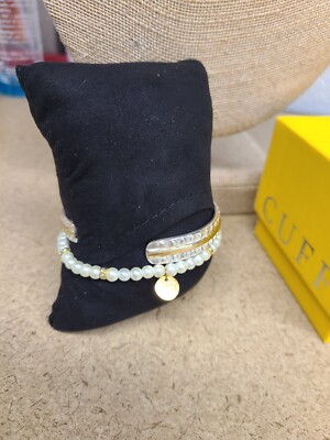 Set of 2 Rustic Cuff Bracelets Cross/Pearl