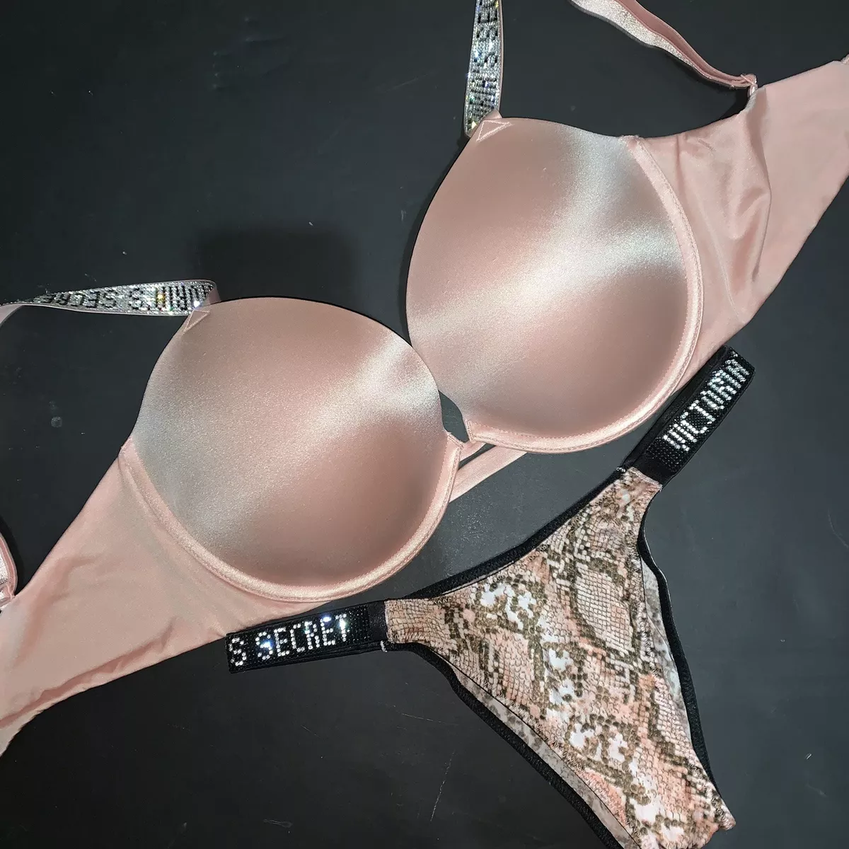 Victoria's Secret 34DDD BRA SET panty PINK black crystallized snake SHINE  STRAP